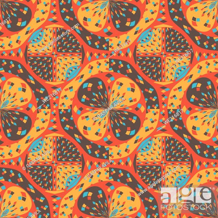 Stock Vector: Saturated tapestry-like algorithmic pattern in mostly orange and yellow tones. Geometric digital art.
