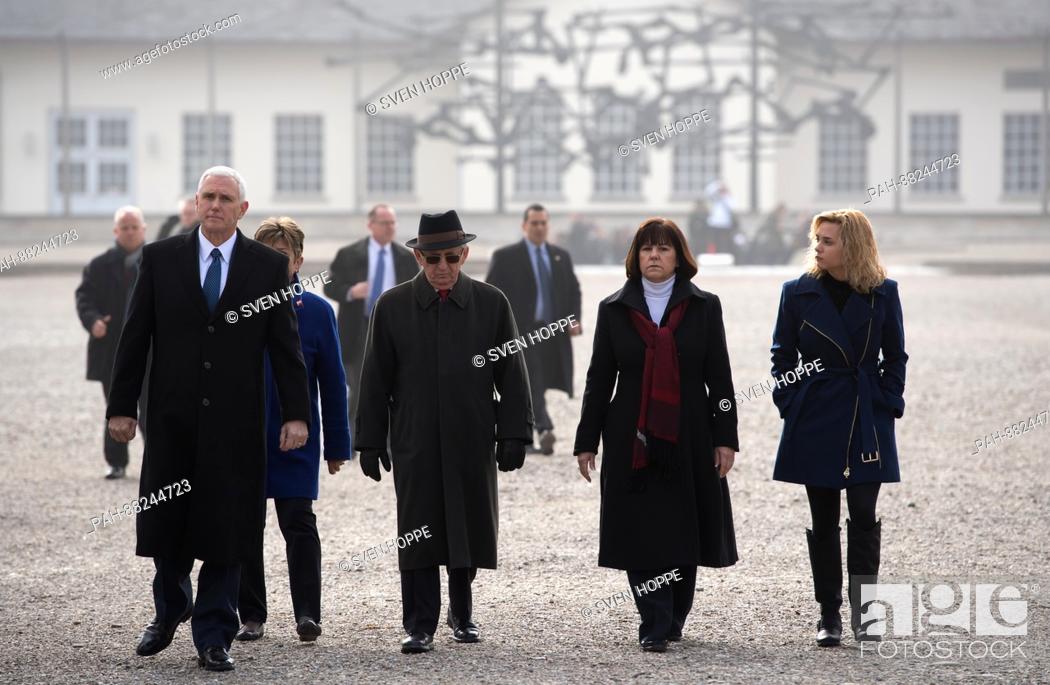 Stock Photo: US Vice President Mike Pence (L), his wife Karen Pence (2-R), his daughter Charlotte (R) and Holocaust survivor Abba Naor (2-L) visit the Dachau concentration.