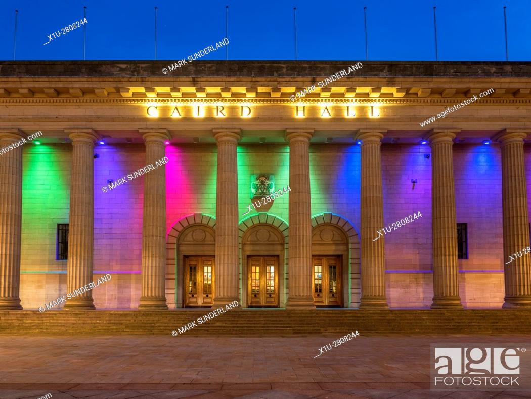 Stock Photo: Coloured Lights on Caird Hall at Dusk Dundee Scotland.