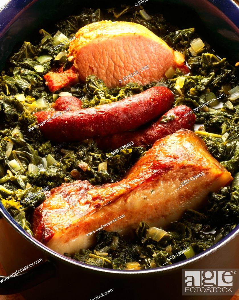 Stock Photo: Kale with pork tripe, smoked pork rib & smoked belly pork.