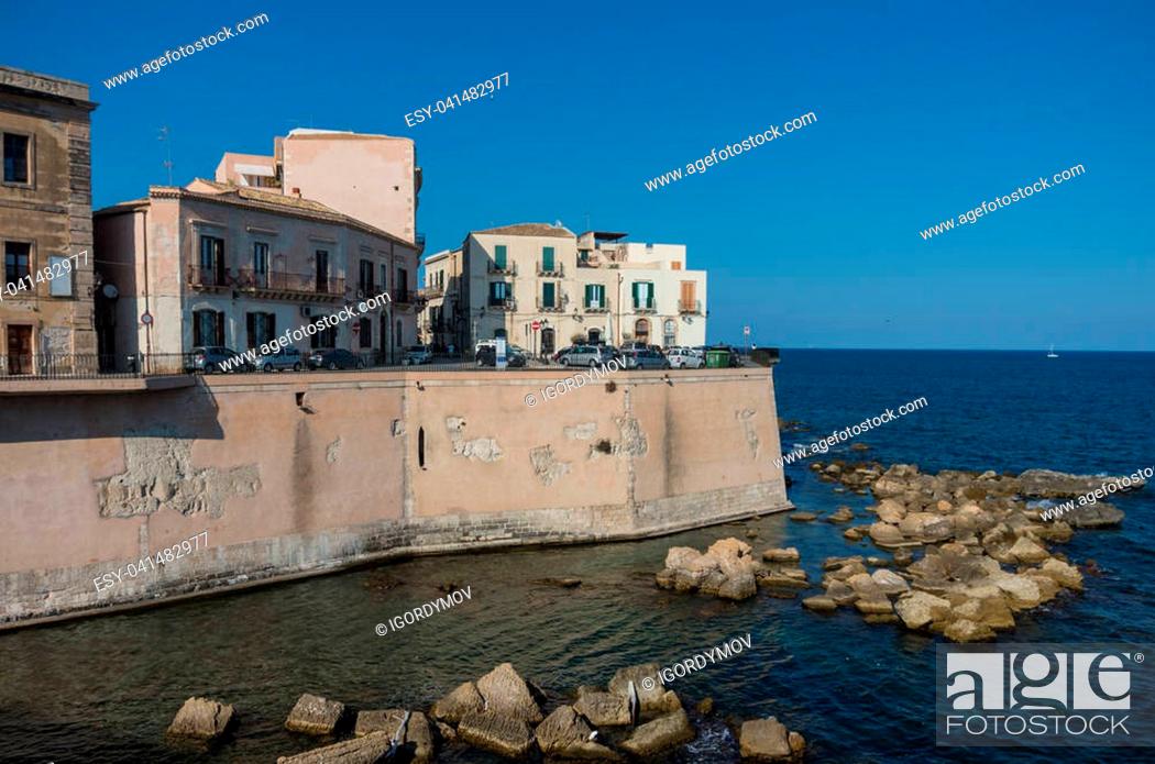 Stock Photo: Embankment of Ortygia island, Syracuse city, in Sicily.