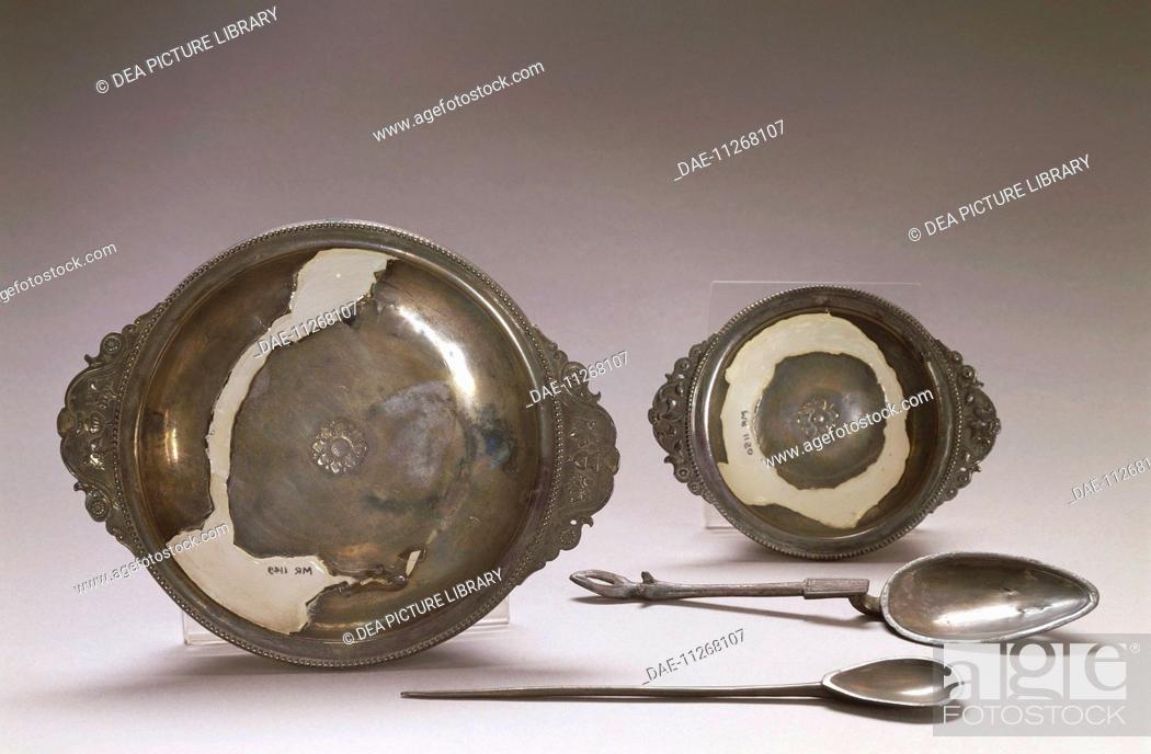 Stock Photo: Roman civilization, 1st century A.D. Silver plates and spoons.  Brescia, Museo Civico Dell'Età Romana E Tempio Capitolino (Archaeological Museum).