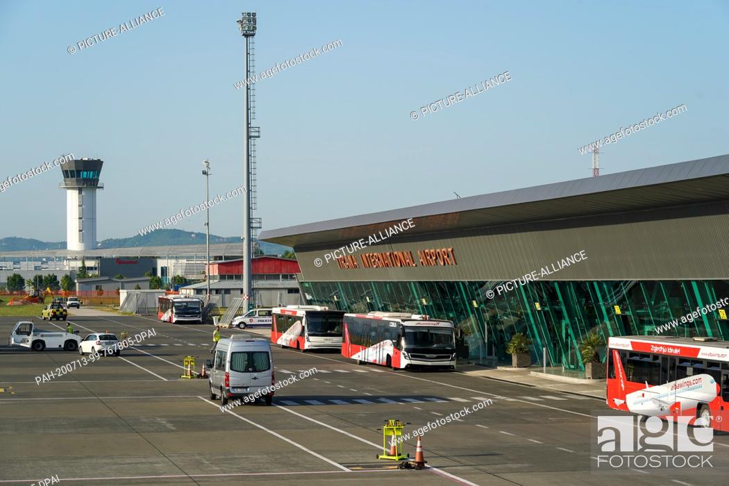 Stock Photo: 03 July 2020, Albania, Kruja: +++Minimum fee 10, - Euro+++The apron of the airport ""Tirana International Airport Nënë Tereza"" (TIA) near Tirana.