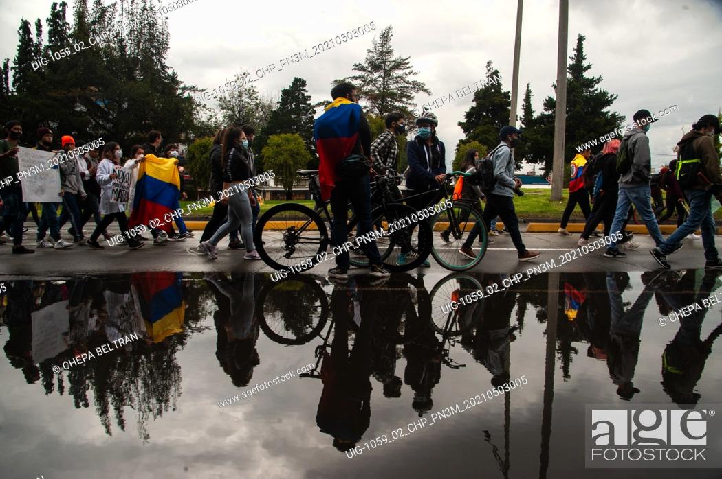 Stock Photo: Demonstratiors march in Bogota, Colombia on May 3, 2021, in a protest against the goverment of president Ivan Duque.