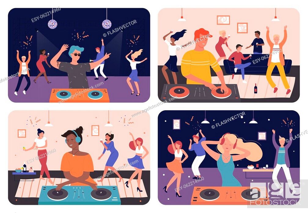 People dance on dj party show with modern music set vector illustration,  Stock Vector, Vector And Low Budget Royalty Free Image. Pic. ESY-062214960  | agefotostock