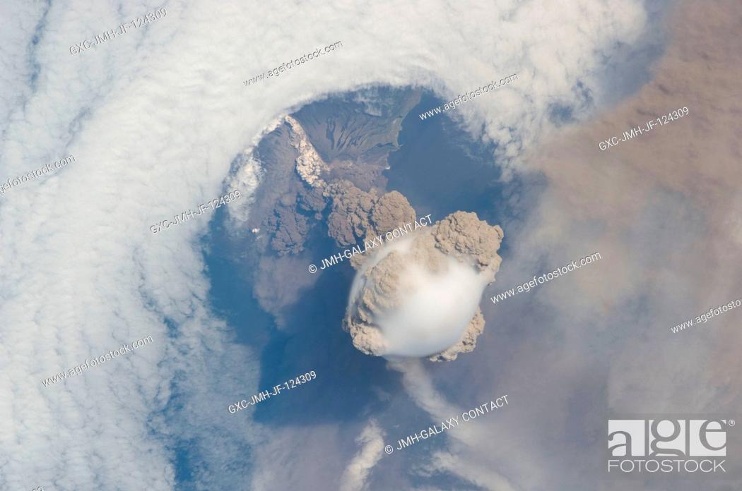 Stock Photo: Sarychev Peak Volcano eruption, Kuril Islands, is featured in this image photographed by an Expedition 20 crew member on the International Space Station.