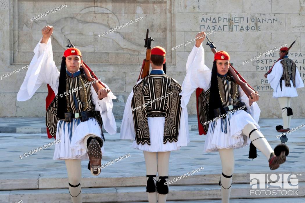 Stock Photo: Evzone soldiers, Changing the Guard, Syntagma Square, Athens, Greece, Europe.