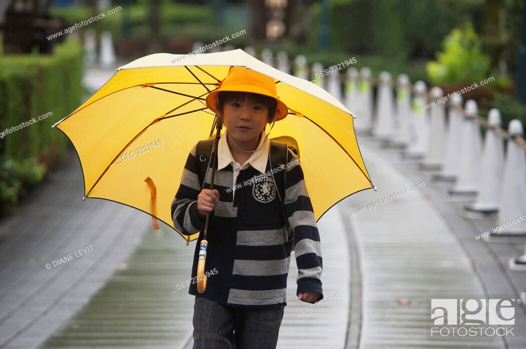 modo en progreso camino Japan, Girl Walking In Rain Wearing Yellow Hat And Holding Yellow Umbrella;  Tokyo, Foto de Stock, Imagen Derechos Protegidos Pic. DES-2321945 |  agefotostock