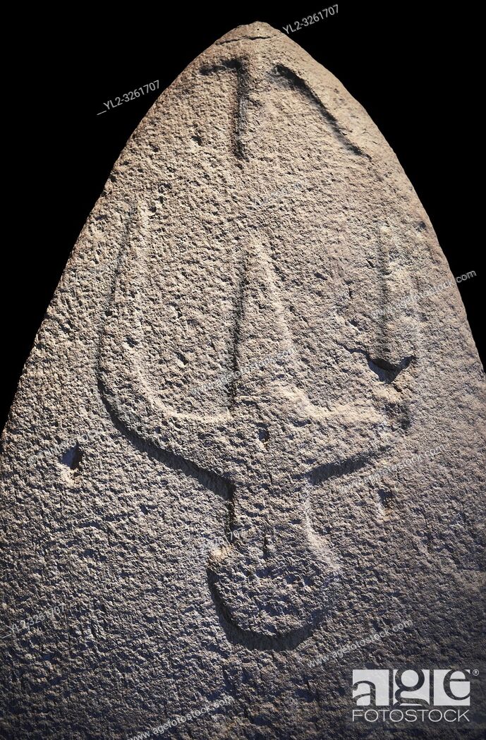 Stock Photo: Late European Neolithic prehistoric Menhir standing stone with carvings on its face side. The representation of a stylalised male figure starts at the top with.