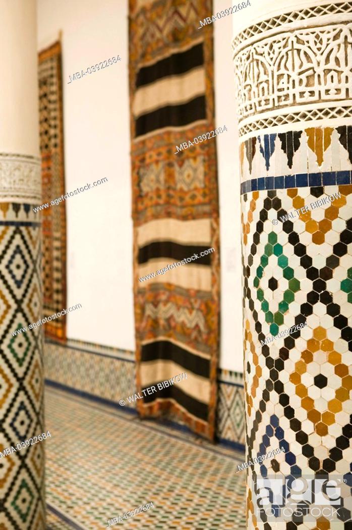 Stock Photo: Morocco, Marrakech, Musee de Marrakech, columns, wall-carpet, detail, Africa, North-Africa, destination, sight, culture, museum, exhibition, faience-tiles.