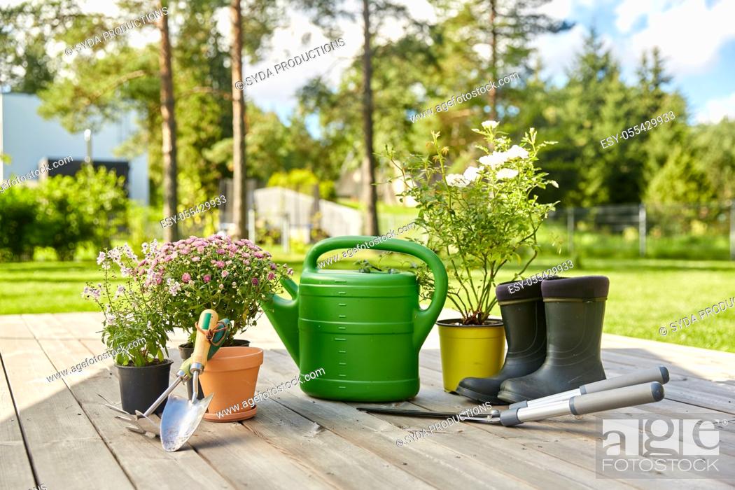 Stock Photo: garden tools, flower seedlings and rubber boots.