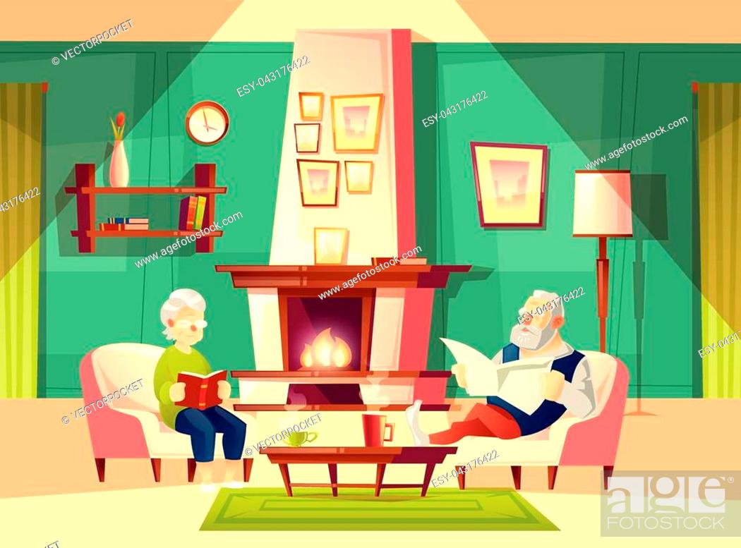 Vector cartoon background with old man and woman, who sit in armchairs near  fireplace, rest, Stock Vector, Vector And Low Budget Royalty Free Image.  Pic. ESY-043176422 | agefotostock