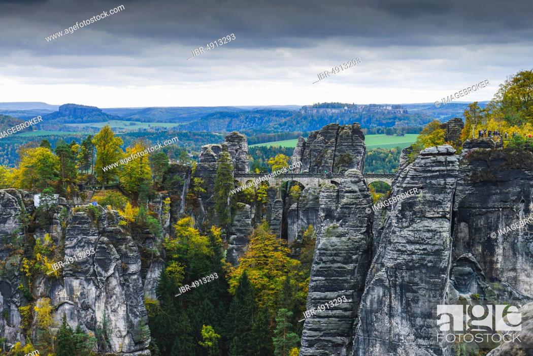Stock Photo: View from the rock Große Gans towards the Bastei, Rathen, Saxon Switzerland National Park, Saxony, Germany, Europe.