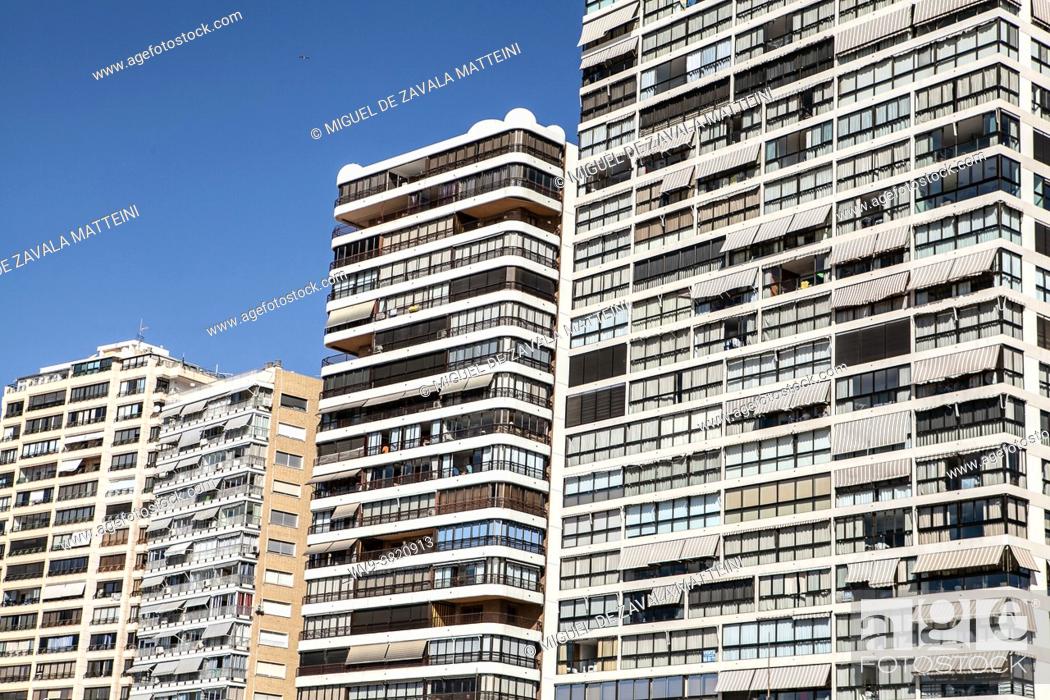 Stock Photo: Apartment terraces in Benidorm, summer holidays city overtaken by European retired persons, due to it's excellent weather all year long and its very convenient.