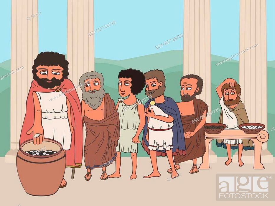 people voting in ancient greece polis, cartoon illustration of man's line  going to put pebble in urn, Stock Vector, Vector And Low Budget Royalty  Free Image. Pic. ESY-057128720 | agefotostock