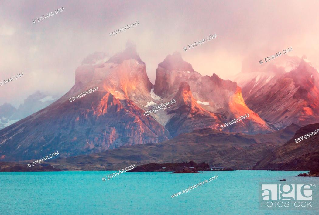 Stock Photo: Beautiful mountain landscapes in Torres Del Paine National Park, Chile. World famous hiking region.