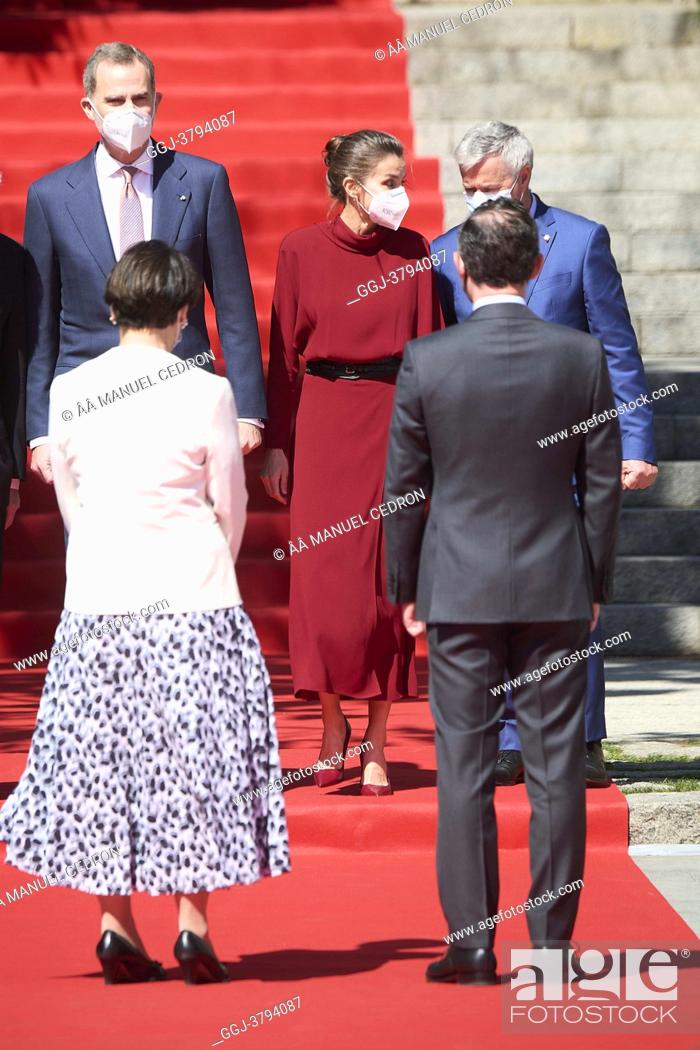 Stock Photo: King Felipe VI of Spain, Queen Letizia of Spain attend official reception with national honours and national symbols during 2 day State visit to Principality of.