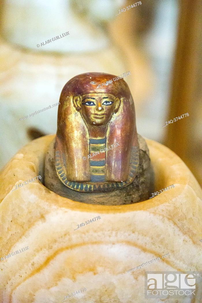 Stock Photo: Egypt, Cairo, Egyptian Museum, from the tomb of Yuya and Thuya in Luxor : Top of canopic vase of Thuya, a package in the shape of a human mummy is surmounted by.