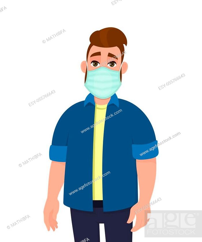 Vector: Young hipster man covering mouth with medical mask. Trendy person wearing hygienic face protection against infection or pollution.