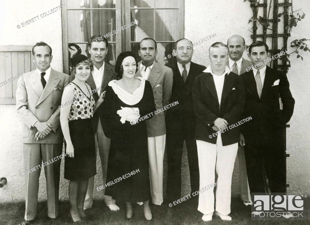 Stock Photo: Movie stars and executives of United Artist Corporation. Ca. Nov. 10, 1930. L-R: Al Jolson, Mary Pickford, Ronald Colman, Gloria Swanson, Douglas Fairbanks.