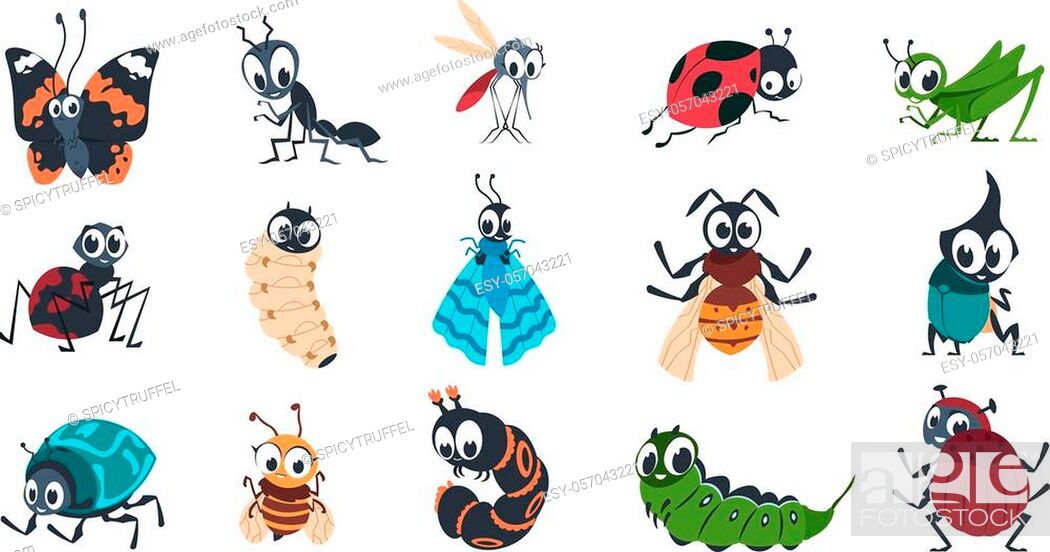 Cute insects. Cartoon funny colorful bugs bees hornet butterfly caterpillar  spider with cute faces..., Stock Vector, Vector And Low Budget Royalty Free  Image. Pic. ESY-057043221 | agefotostock