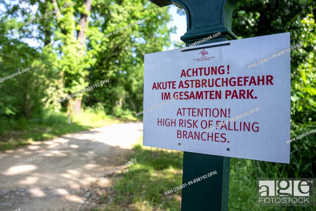 Stock Photo: PRODUCTION - 25 May 2023, Brandenburg, Potsdam: A sign with the inscription ""Attention! Acute danger of branch breakage throughout the park.