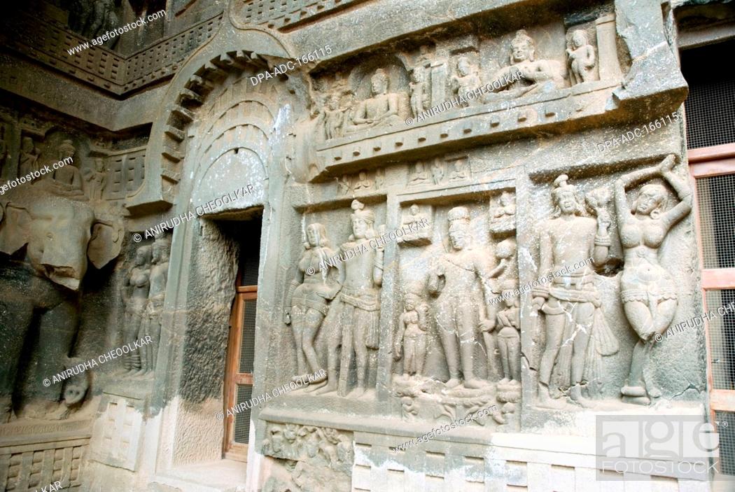 Stock Photo: Stone carving dancing couples in Buddhist cave ; Malavali ; Karla ; Pune Poona ; Maharashtra ; India.