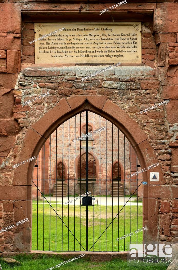 Stock Photo: gate of the ruined limburg an der haardt monastery, former benedictine abbey, german wine route, bad dürkheim, rhineland-palatinate, germany.