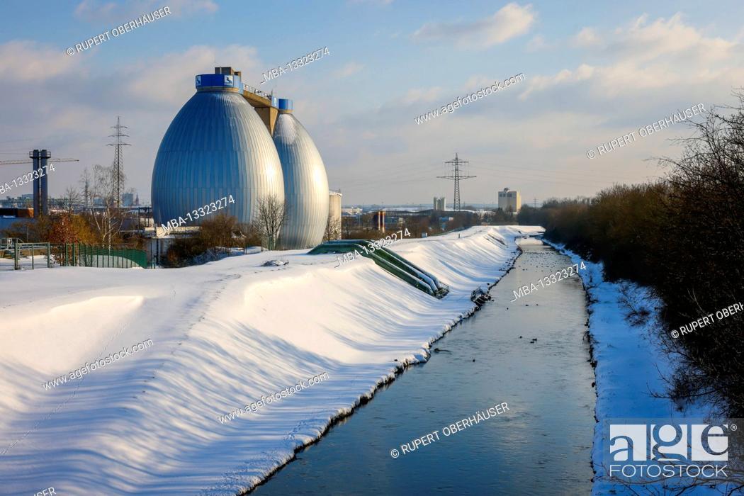 Stock Photo: Dortmund, North Rhine-Westphalia, Germany - Sunny winter landscape in the Ruhr area, ice and snow on the renatured Emscher.
