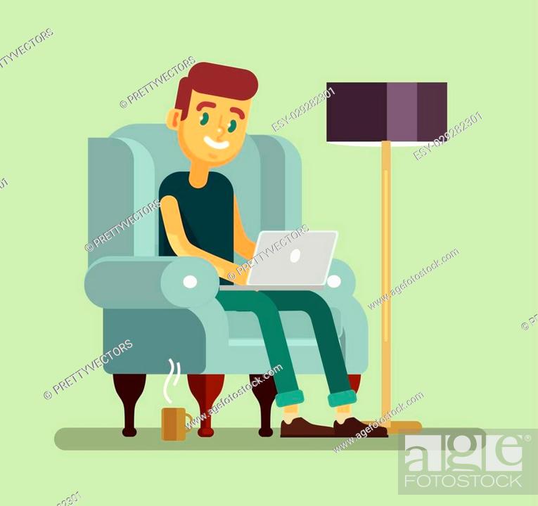 Man with laptop relaxing in chair. Vector flat cartoon illustration, Stock  Vector, Vector And Low Budget Royalty Free Image. Pic. ESY-029282301 |  agefotostock