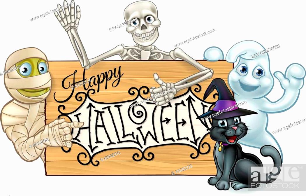 Happy Halloween sign background with mummy, ghost, skeleton and witchs cat  cartoon characters, Stock Vector, Vector And Low Budget Royalty Free Image.  Pic. ESY-053570038 | agefotostock