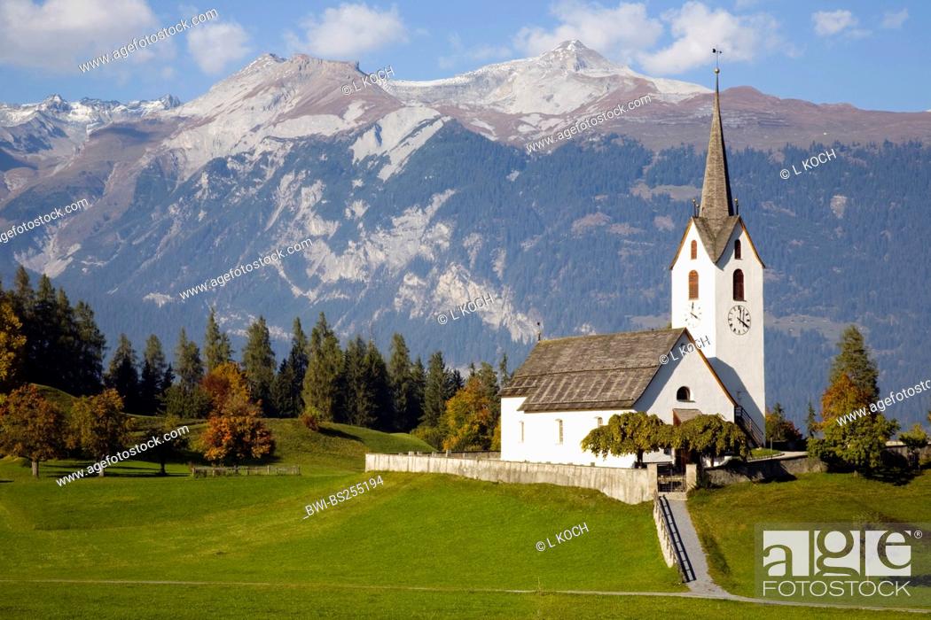 Stock Photo: Versam village church, Switzerland, Graubuenden, Ruinaulta, Versam.