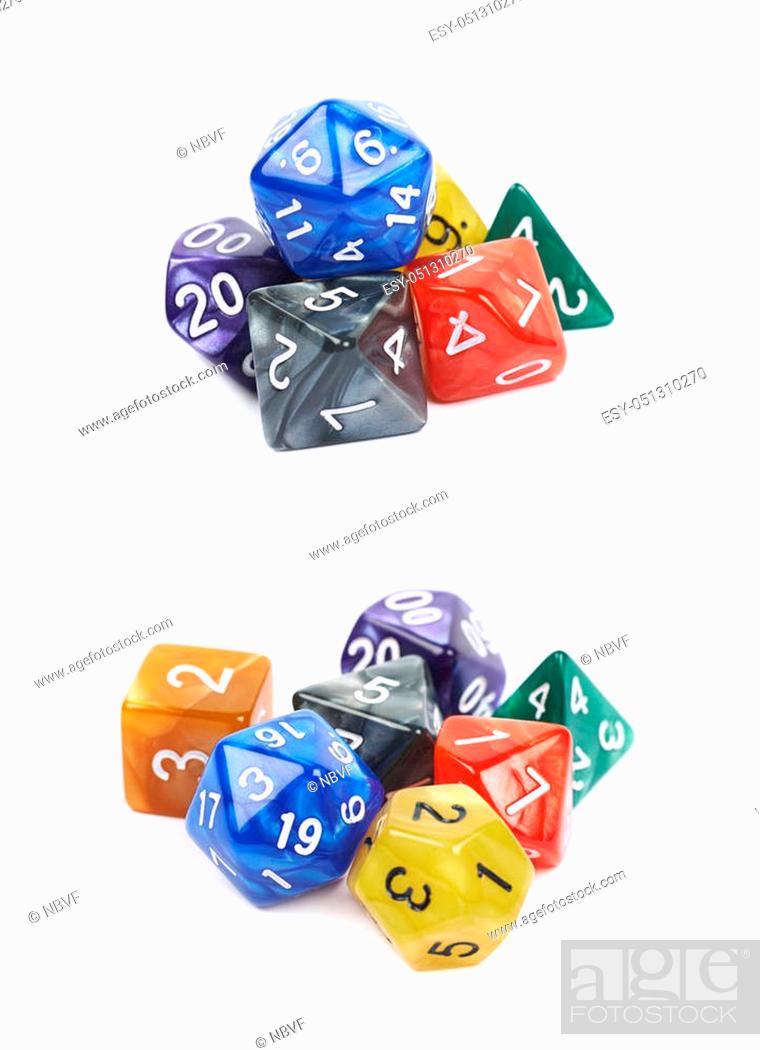 Stock Photo: Pile of colorful roleplaying polyhedral dices isolated over the white background, set of two different foreshortenings.
