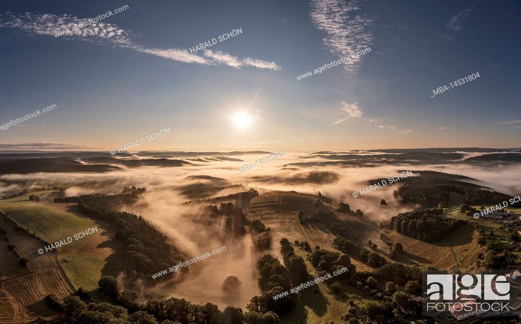 Stock Photo: Germany, Thuringia, Königsee, view direction Rinnetal, sun, mountains, valleys, valley fog, aerial photo, back light.