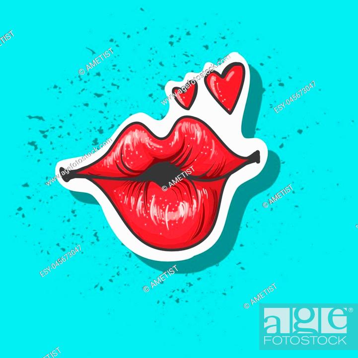 Lips kiss. Vector patch, sticker isolated on blue. Patched Cool sexy red  kissed, Stock Vector, Vector And Low Budget Royalty Free Image. Pic.  ESY-045673047 | agefotostock