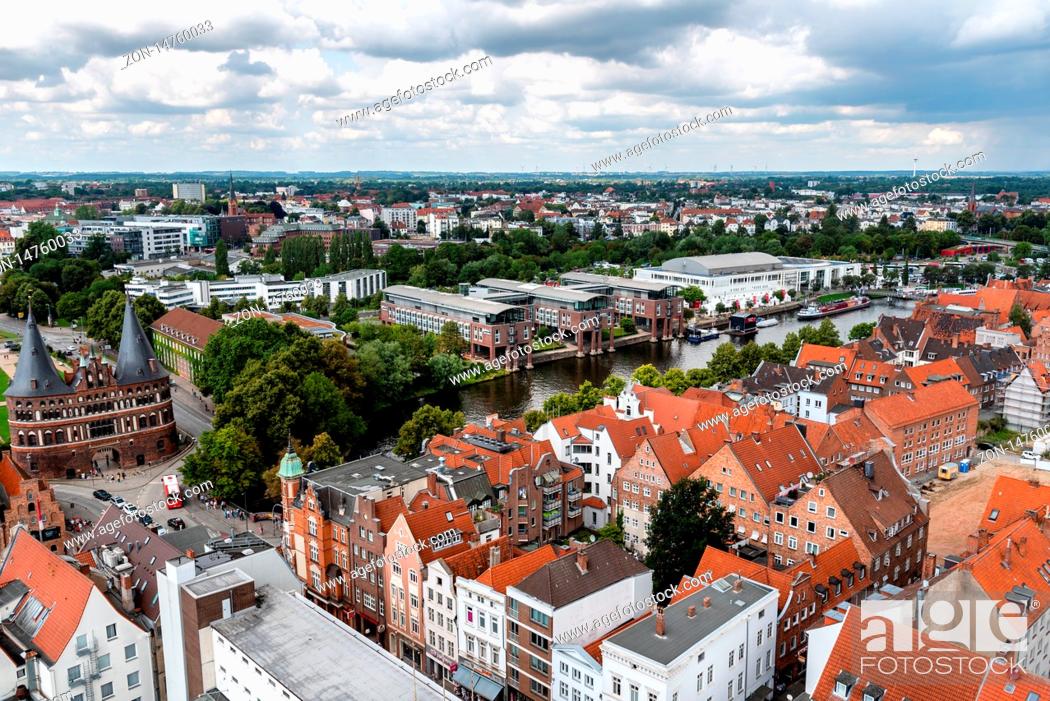 Stock Photo: Lubeck, Germany - August 3, 2019: Aerial view of historic centre of the hanseatic town.