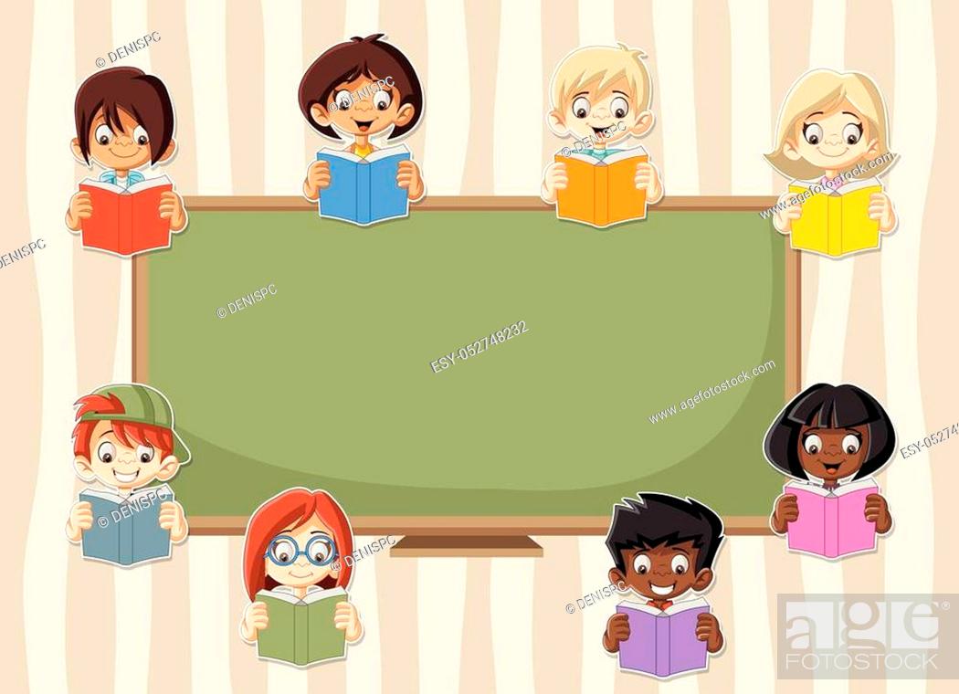 Card with cartoon student children reading books in the classroom with  blackboard, Stock Vector, Vector And Low Budget Royalty Free Image. Pic.  ESY-052748232 | agefotostock