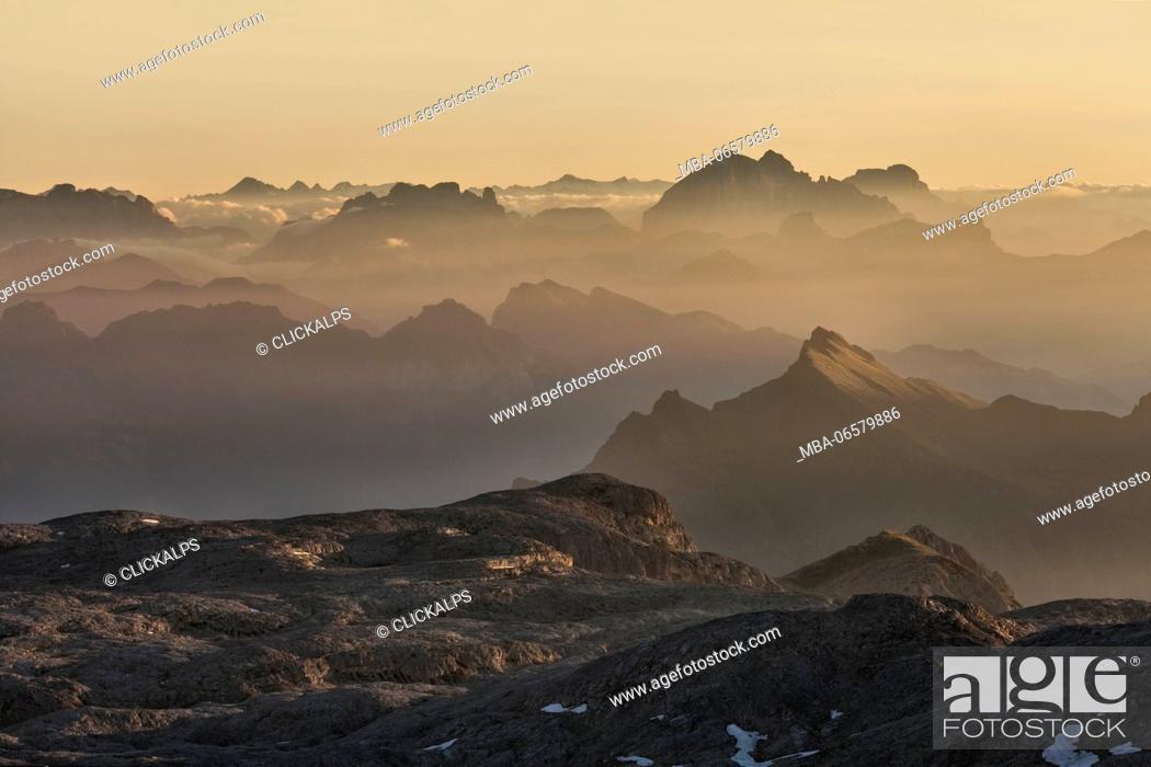 Stock Photo: Europe, Italy, Trentino, Sunrise on the plateau of the Pale di San Martino (Pala group), Dolomites.