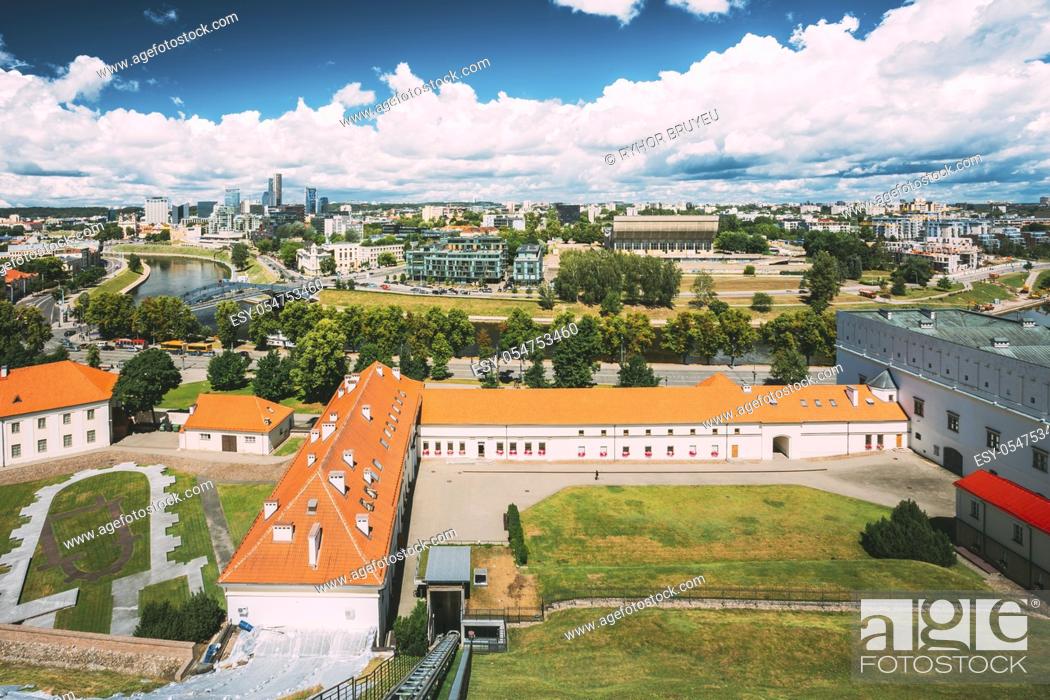 Stock Photo: Vilnius, Lithuania. Modern City And Part Of Old Town. Behind New Arsenal At Northern Foot Of Castle Hill, One Can Spot Foundation Of Church Of St.