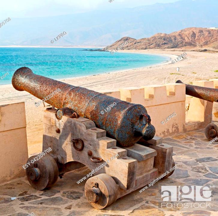 Stock Photo: fort battlesment sky and star brick in oman muscat the old defensive sea mountain.