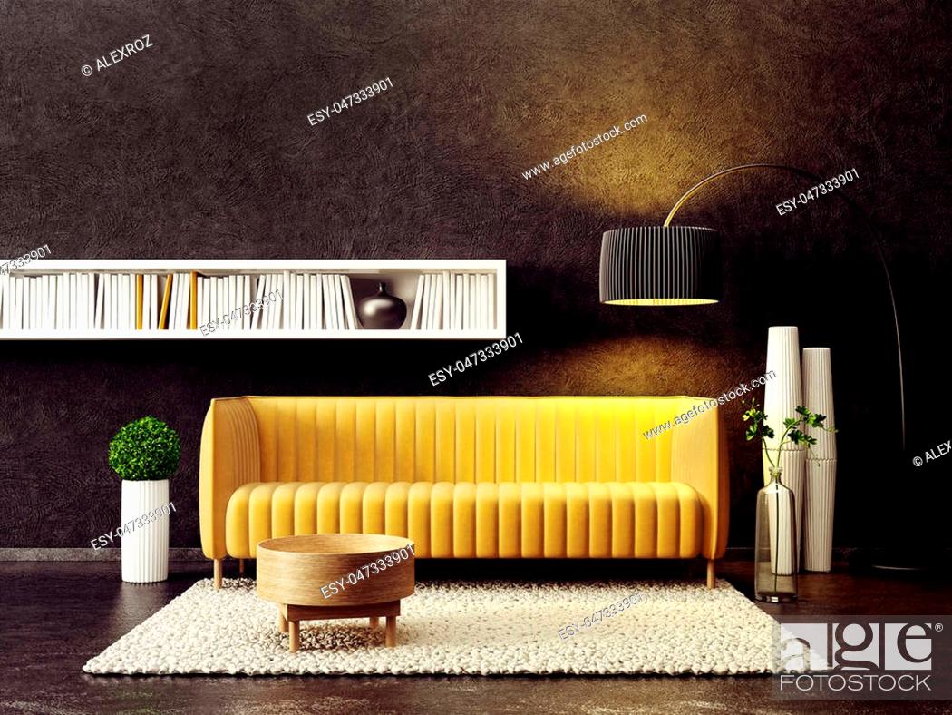 modern living room with yellow sofa and lamp. scandinavian ...