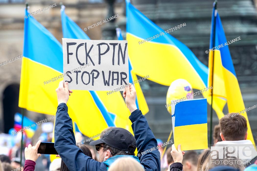 Stock Photo: 30 April 2022, Saxony, Dresden: A man holds a sign in the air, which is inscribed with ""FCK PTN STOP WAR"". The counter event against pro-Russian rally titled:.