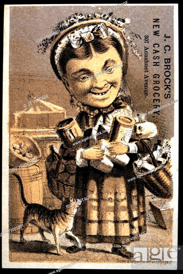Stock Photo: Woman Holding Groceries in Store, J.C. Brock's New Cash Grocery, Trade Card, circa 1880.