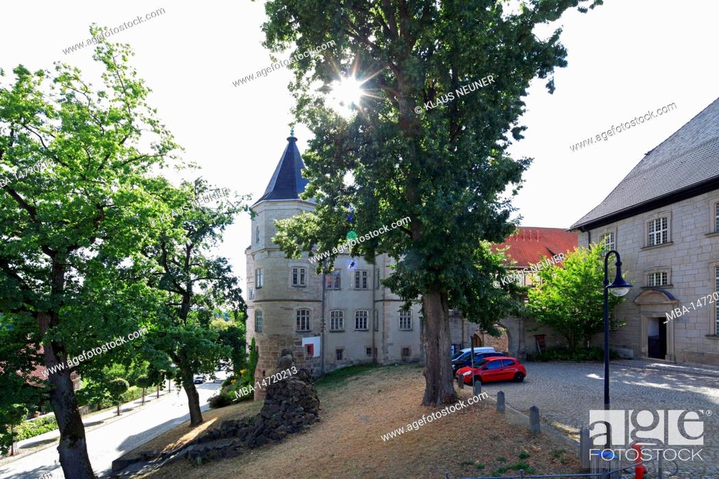 Stock Photo: Bertholdsburg Castle, museum, castle complex, house facade, village view, summer, Schleusingen, Thuringia, Germany, Europe,.