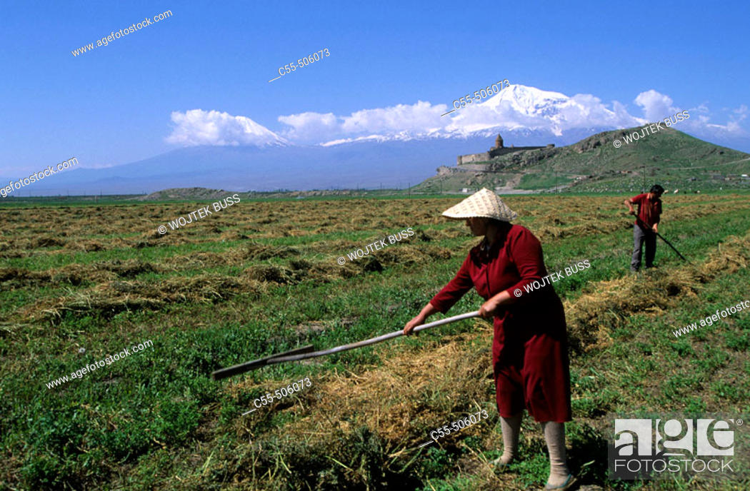 Stock Photo: Farmers working on fields with Khor Virap Monastery (16th century) and Mt. Ararat in background. Armenia.