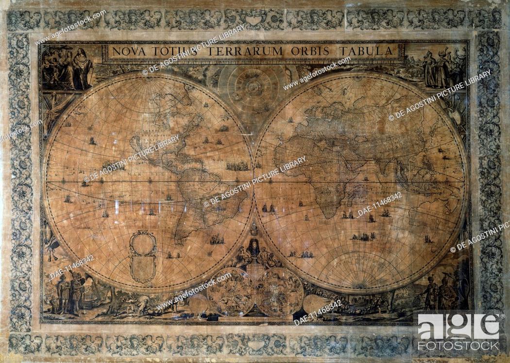 Stock Photo: Nova Totius Terrarum Orbis Tabula, double hemisphere world map by Frederick de Wit (1629-1630 - 1706), dedicated to the Emperor Joseph I, copper engraving.