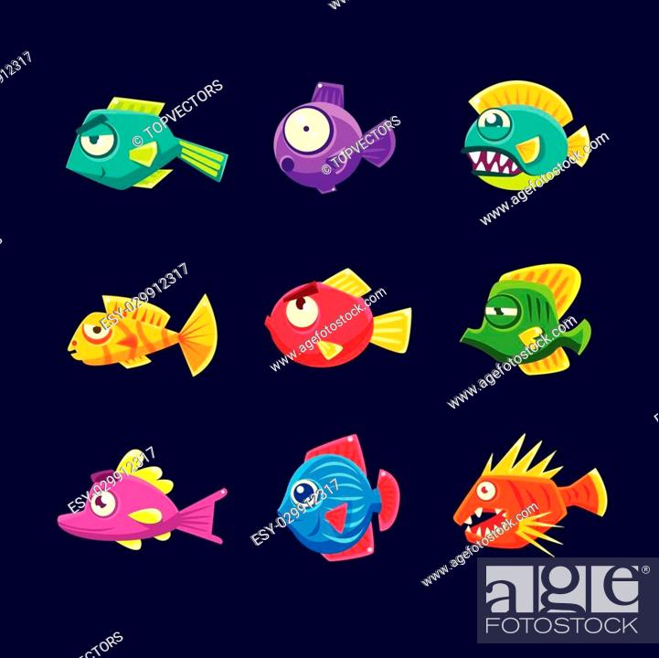 Colorful Tropical Fish Set Of Bright Color Vector Icons Isolated On Dark  Background, Stock Vector, Vector And Low Budget Royalty Free Image. Pic.  ESY-029912317 | agefotostock