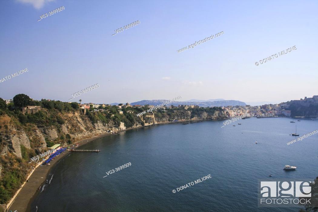 Stock Photo: Procida, Province of Naples, Campania, Italy. Isle of Procida, panoramic view of the coast.
