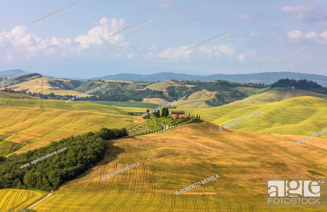 Stock Photo: Green rolling hills and farm houses of Crete Senesi (Senese Clays), Province of Siena, Tuscany, Italy, Europe.