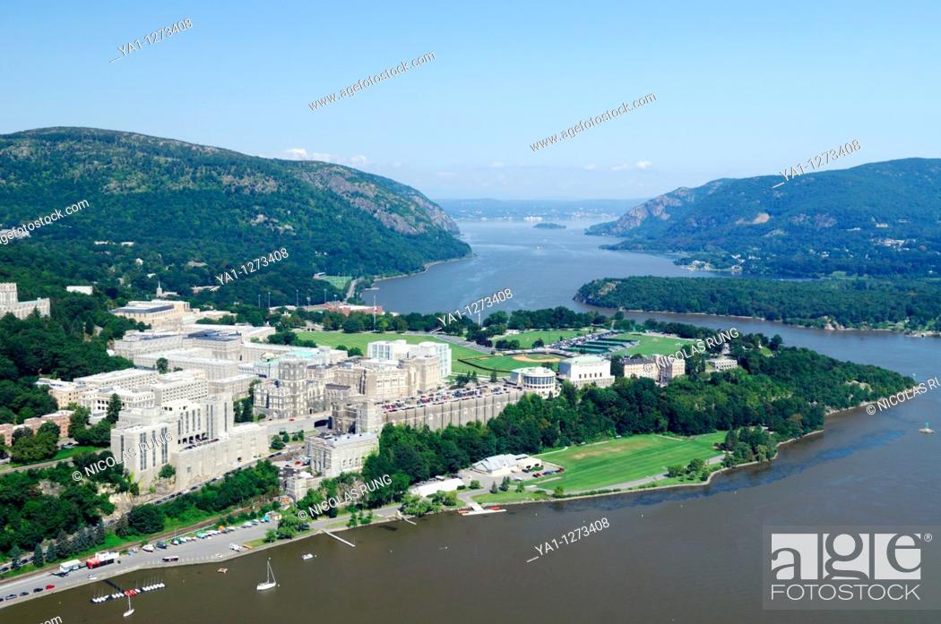 Stock Photo: Aerial view of United States Military Academy buildings of West Point on riverside of Hudson river, New York state, Usa.